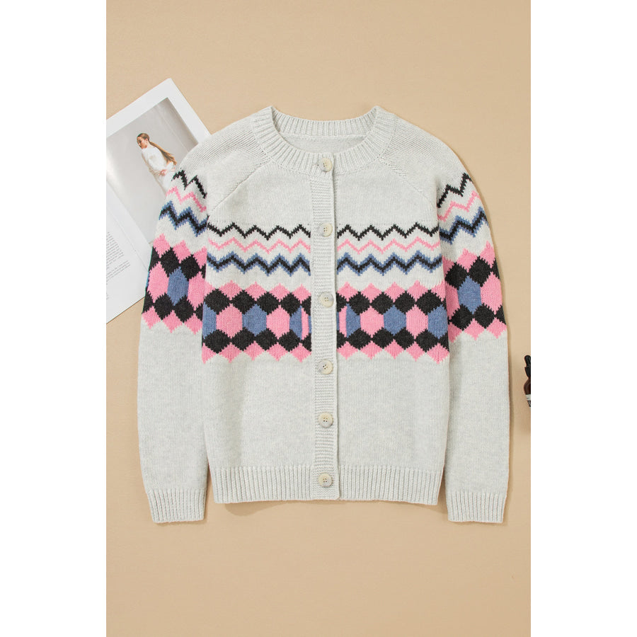 Pink Stripe Geometric Button Up Sweater Cardigan Sweaters & Cardigans/Cardigans