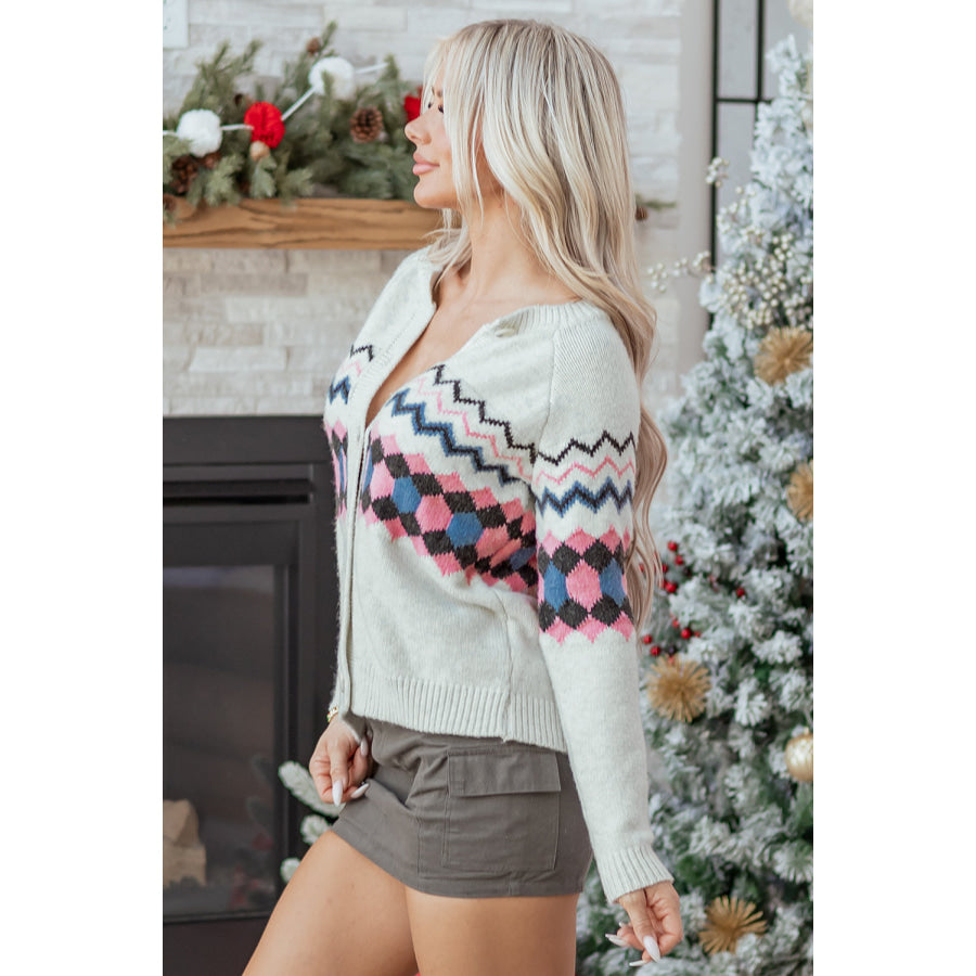 Pink Stripe Geometric Button Up Sweater Cardigan Sweaters & Cardigans/Cardigans