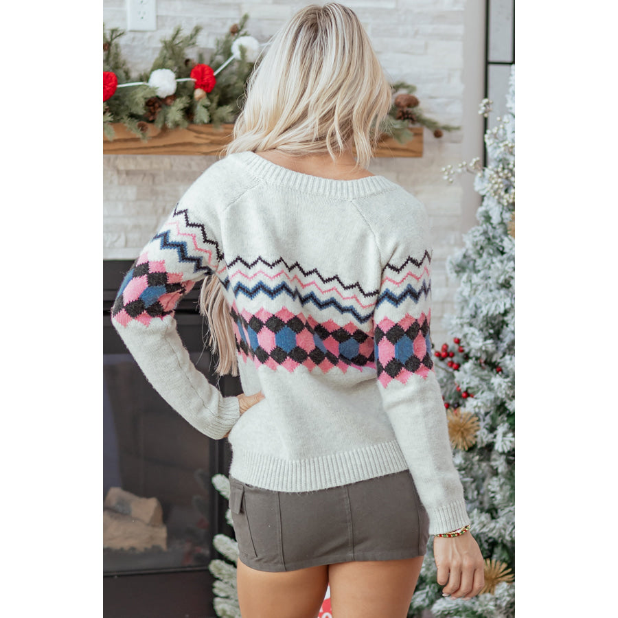 Pink Stripe Geometric Button Up Sweater Cardigan Sweaters & Cardigans/Cardigans