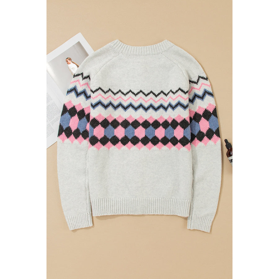Pink Stripe Geometric Button Up Sweater Cardigan Sweaters & Cardigans/Cardigans