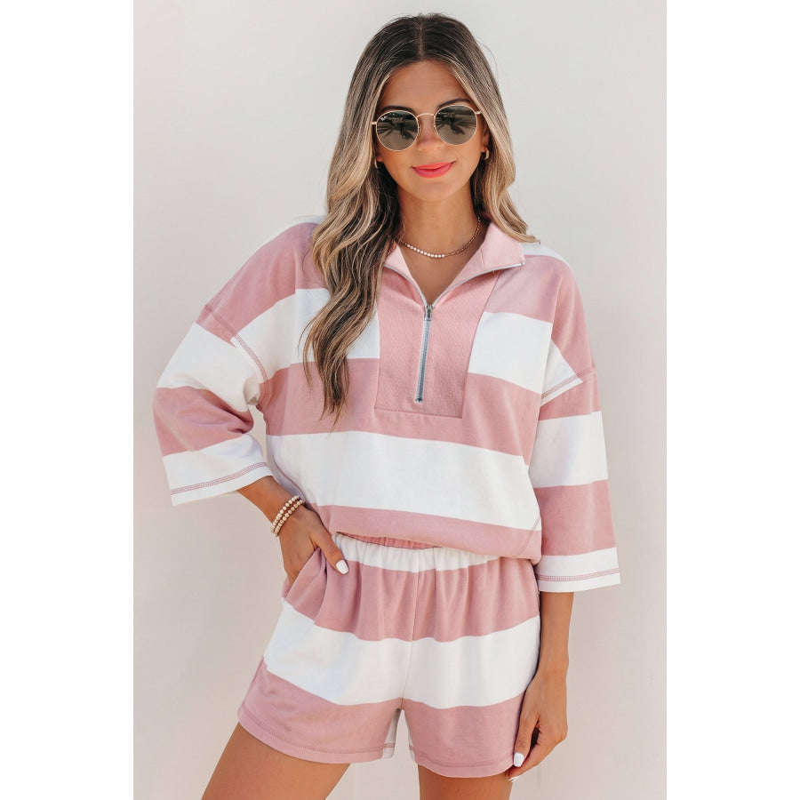 Pink Stripe Half Zip Bracelet Sleeve Top Casual Short Set Pink Stripe / S / 95% Cotton + 5% Elastane Two Piece Sets/Short Sets