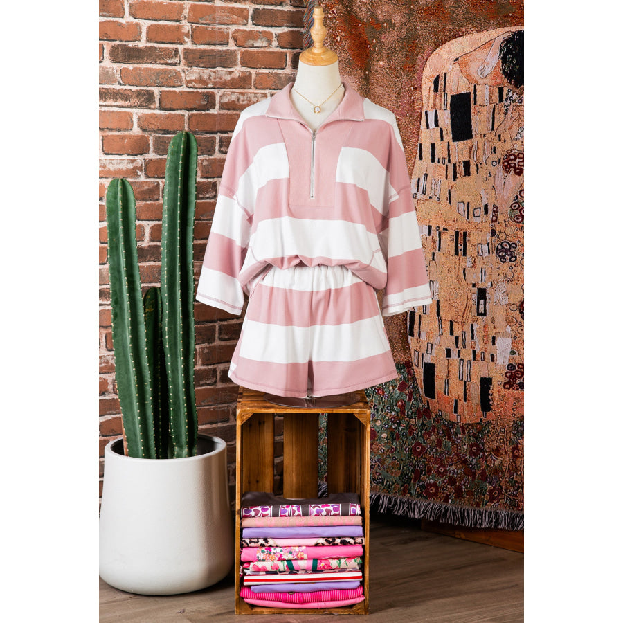 Pink Stripe Half Zip Bracelet Sleeve Top Casual Short Set Two Piece Sets/Short Sets