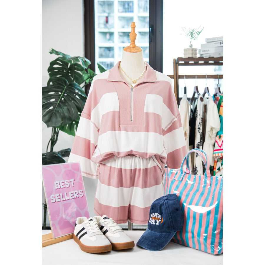 Pink Stripe Half Zip Bracelet Sleeve Top Casual Short Set Two Piece Sets/Short Sets