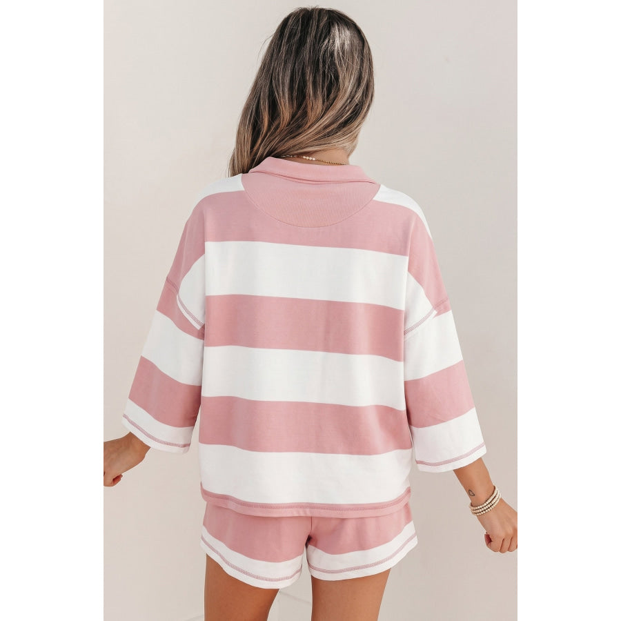 Pink Stripe Half Zip Bracelet Sleeve Top Casual Short Set Two Piece Sets/Short Sets