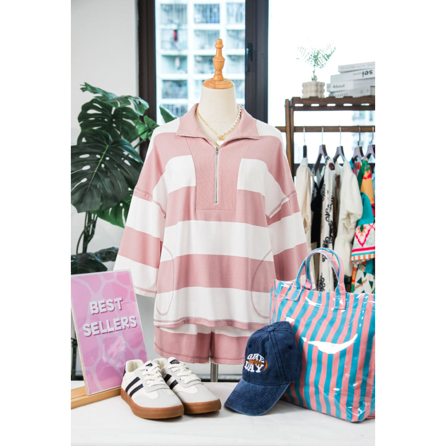 Pink Stripe Half Zip Bracelet Sleeve Top Casual Short Set Two Piece Sets/Short Sets