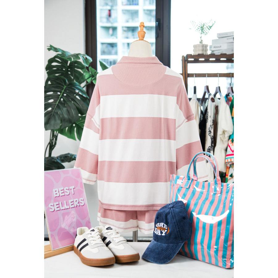 Pink Stripe Half Zip Bracelet Sleeve Top Casual Short Set Two Piece Sets/Short Sets