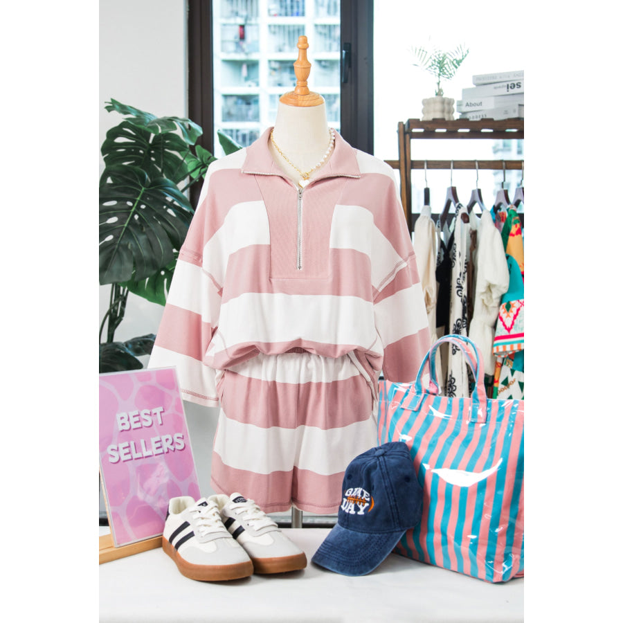 Pink Stripe Half Zip Bracelet Sleeve Top Casual Short Set Two Piece Sets/Short Sets