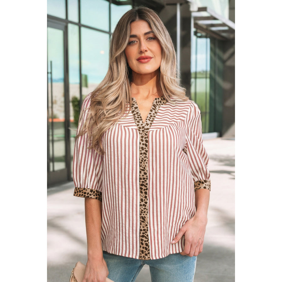 Pink Stripe Leopard Trim V Neck Button Down Half Sleeve Shirt Pink Stripe / S / 50% Polyester + 50% Viscose Tops/Blouses & Shirts