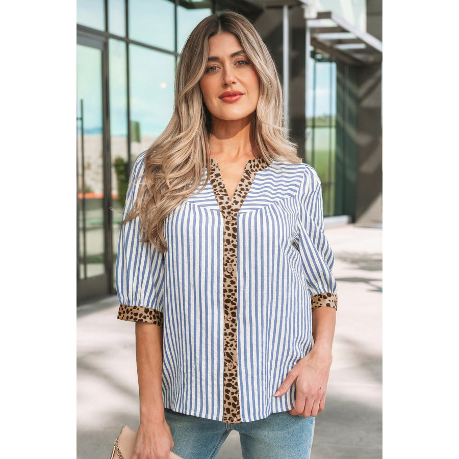 Pink Stripe Leopard Trim V Neck Button Down Half Sleeve Shirt Sky Blue Stripe / S / 50% Polyester + 50% Viscose Tops/Blouses & Shirts