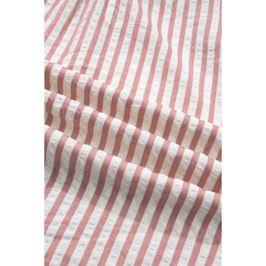 Pink Stripe Leopard Trim V Neck Button Down Half Sleeve Shirt Tops/Blouses & Shirts