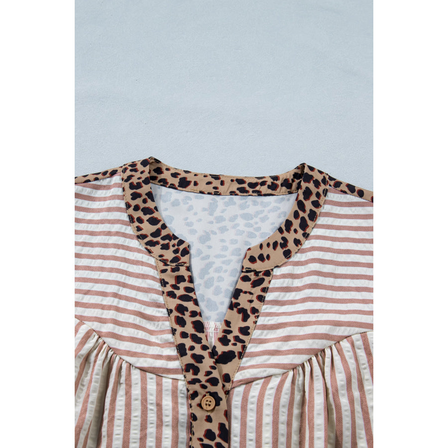 Pink Stripe Leopard Trim V Neck Button Down Half Sleeve Shirt Tops/Blouses & Shirts