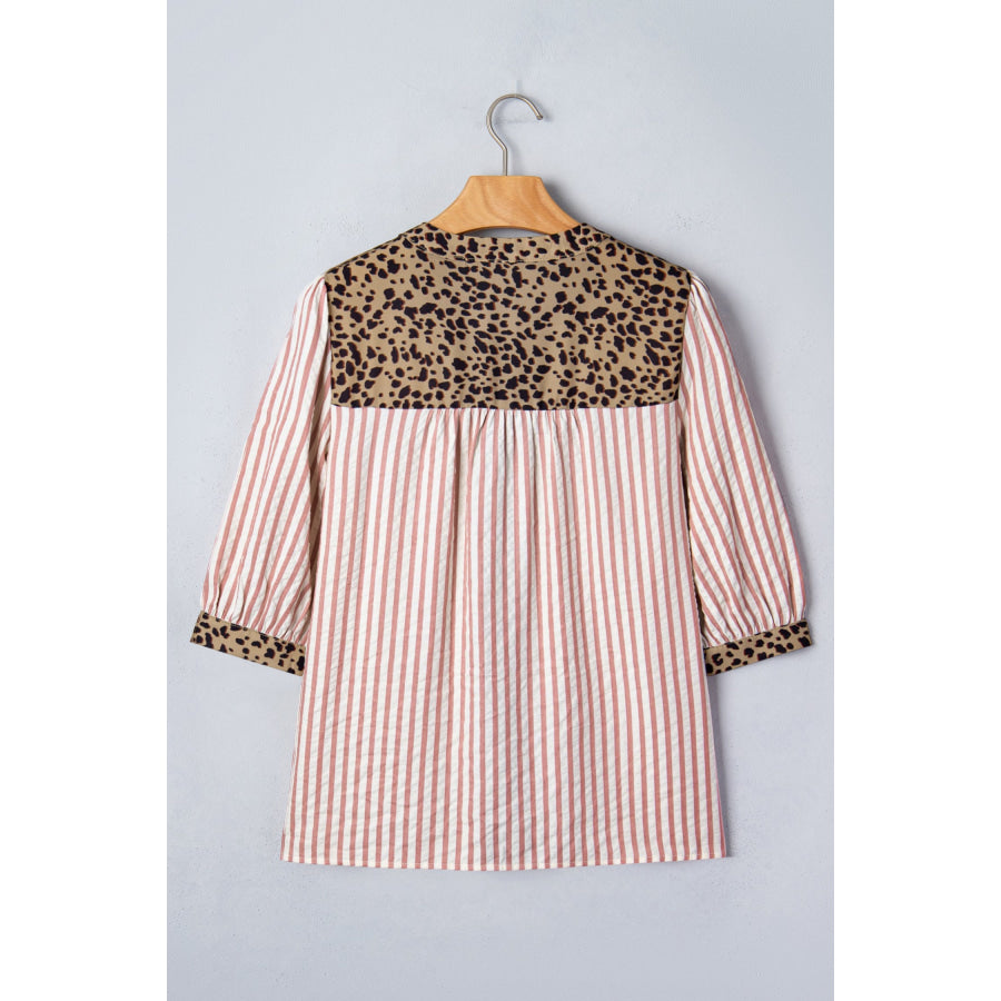 Pink Stripe Leopard Trim V Neck Button Down Half Sleeve Shirt Tops/Blouses & Shirts