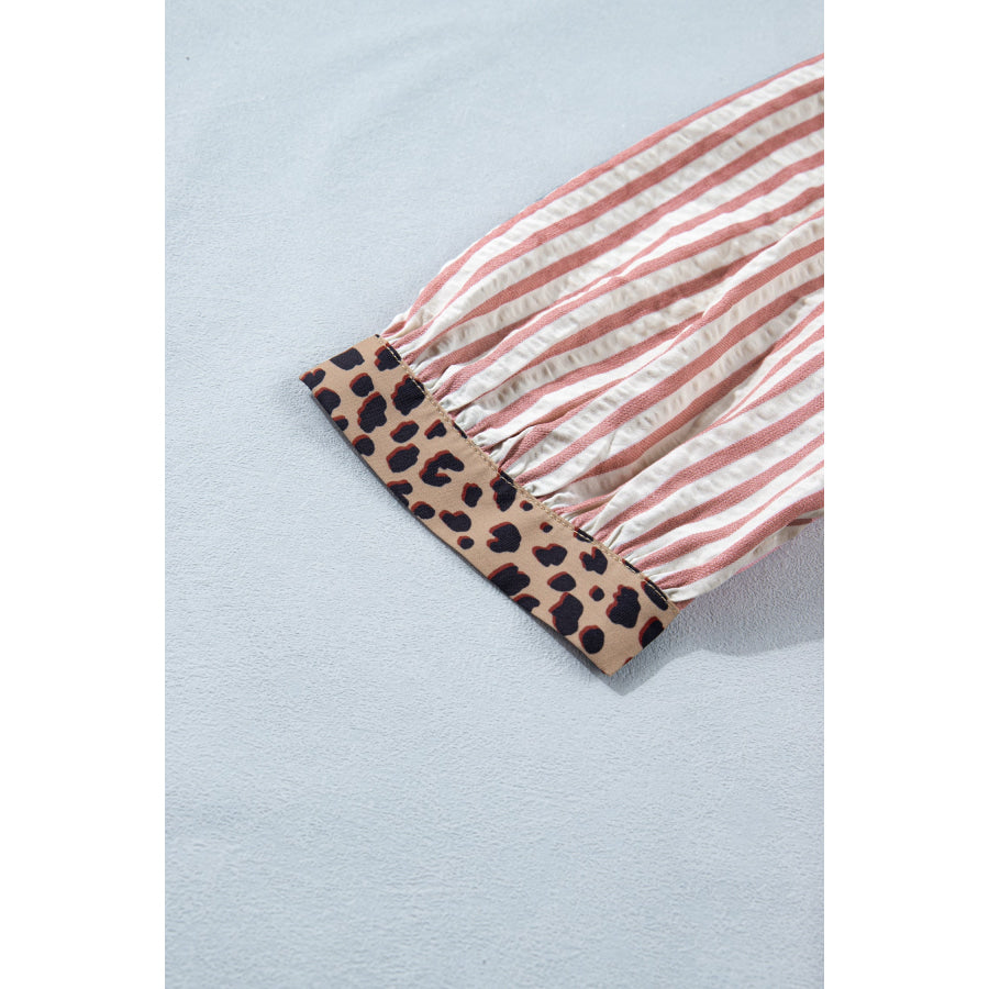 Pink Stripe Leopard Trim V Neck Button Down Half Sleeve Shirt Tops/Blouses & Shirts