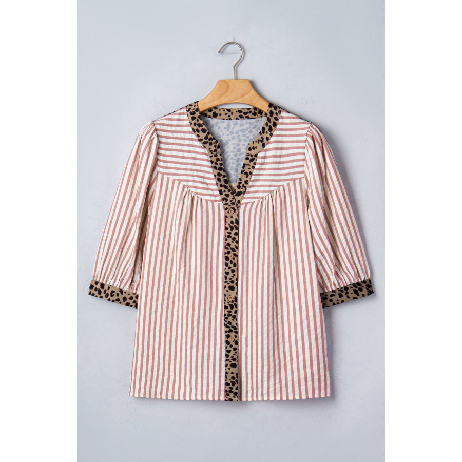 Pink Stripe Leopard Trim V Neck Button Down Half Sleeve Shirt Tops/Blouses & Shirts