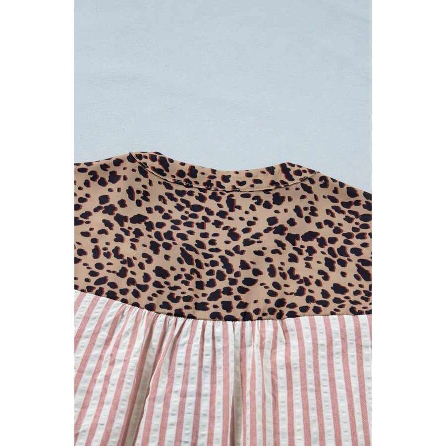 Pink Stripe Leopard Trim V Neck Button Down Half Sleeve Shirt Tops/Blouses & Shirts