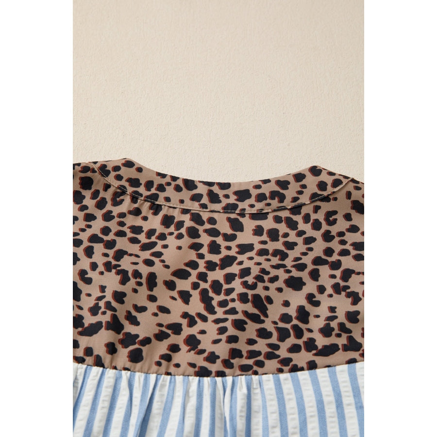 Pink Stripe Leopard Trim V Neck Button Down Half Sleeve Shirt Tops/Blouses & Shirts