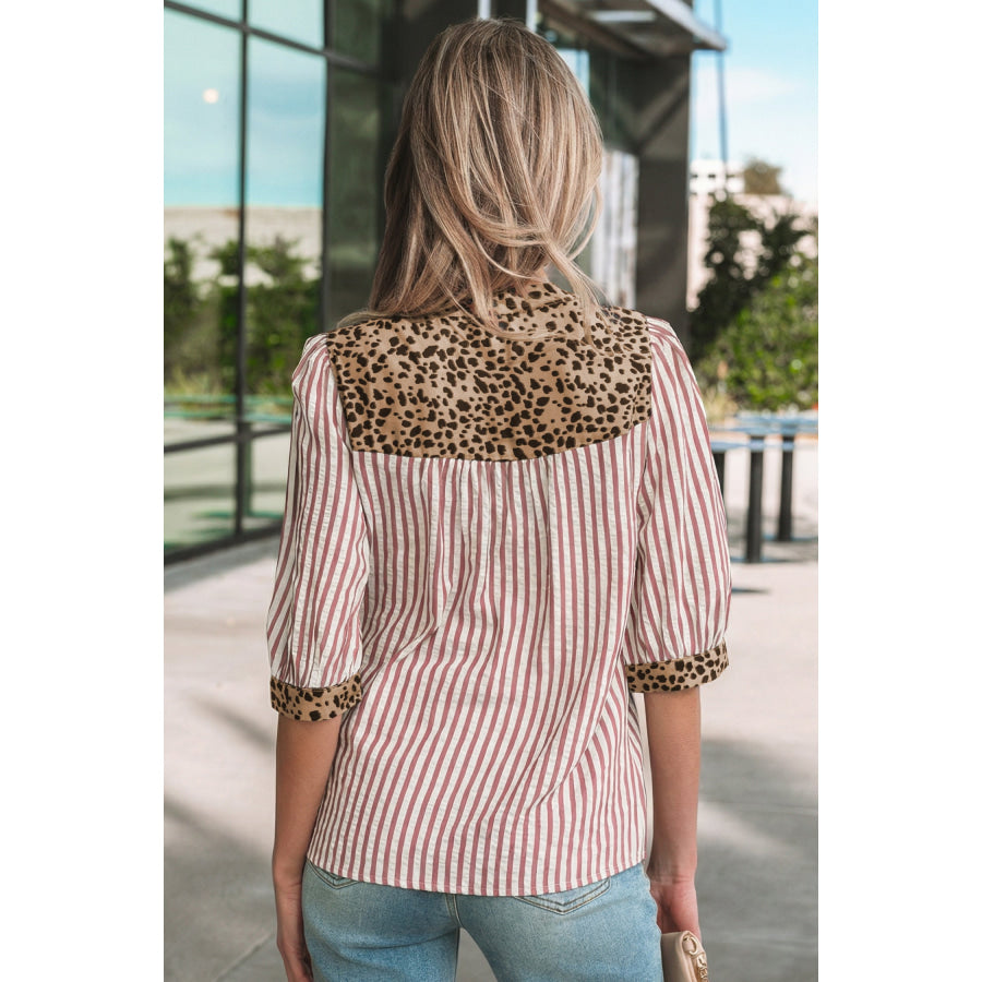 Pink Stripe Leopard Trim V Neck Button Down Half Sleeve Shirt Tops/Blouses & Shirts
