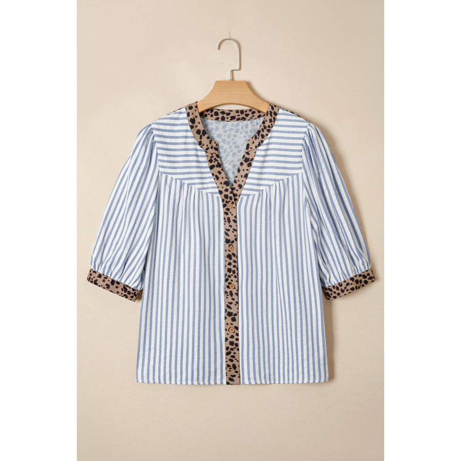 Pink Stripe Leopard Trim V Neck Button Down Half Sleeve Shirt Tops/Blouses & Shirts