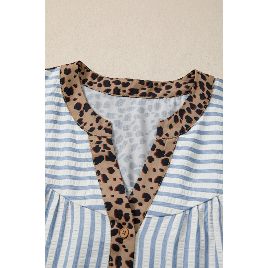 Pink Stripe Leopard Trim V Neck Button Down Half Sleeve Shirt Tops/Blouses & Shirts