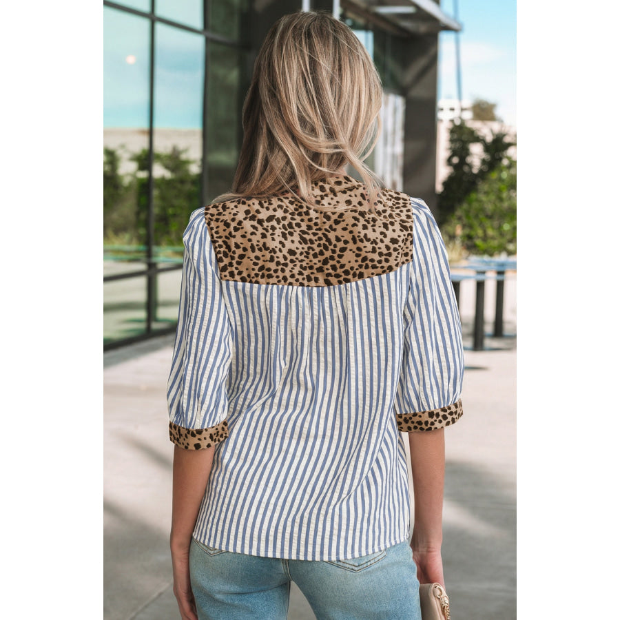 Pink Stripe Leopard Trim V Neck Button Down Half Sleeve Shirt Tops/Blouses & Shirts