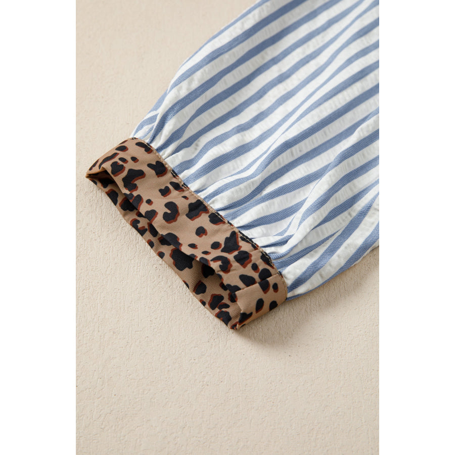 Pink Stripe Leopard Trim V Neck Button Down Half Sleeve Shirt Tops/Blouses & Shirts