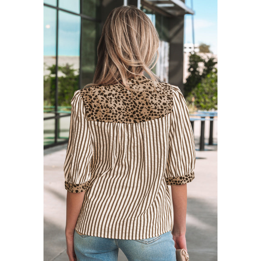 Pink Stripe Leopard Trim V Neck Button Down Half Sleeve Shirt Tops/Blouses & Shirts