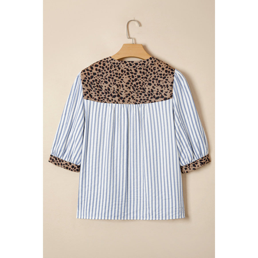 Pink Stripe Leopard Trim V Neck Button Down Half Sleeve Shirt Tops/Blouses & Shirts