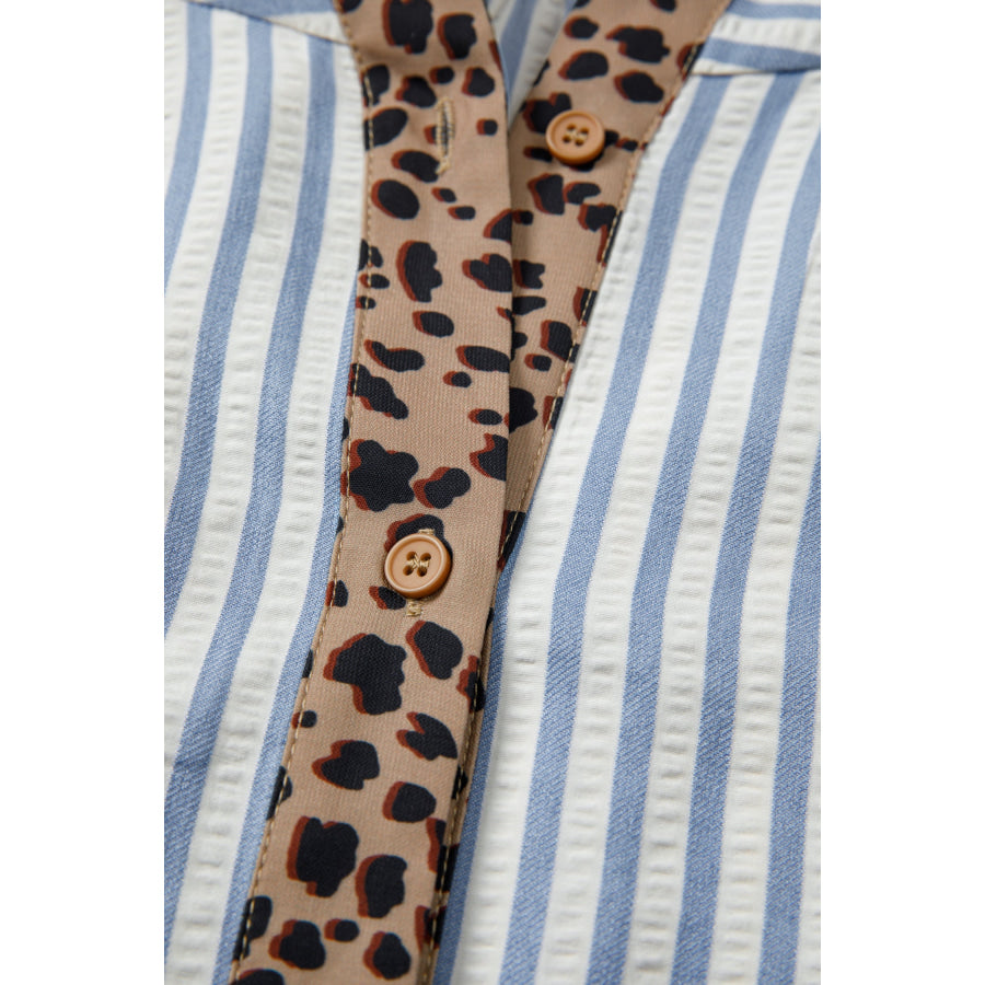 Pink Stripe Leopard Trim V Neck Button Down Half Sleeve Shirt Tops/Blouses & Shirts