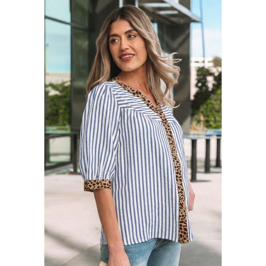 Pink Stripe Leopard Trim V Neck Button Down Half Sleeve Shirt Tops/Blouses & Shirts