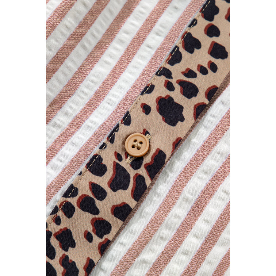Pink Stripe Leopard Trim V Neck Button Down Half Sleeve Shirt Tops/Blouses & Shirts