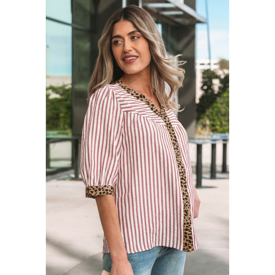 Pink Stripe Leopard Trim V Neck Button Down Half Sleeve Shirt Tops/Blouses & Shirts