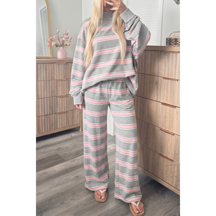 Pink Stripe Mock Neck Long Sleeve Pullover Top and Loose Pants Set / S Two Piece Sets/Pant Sets
