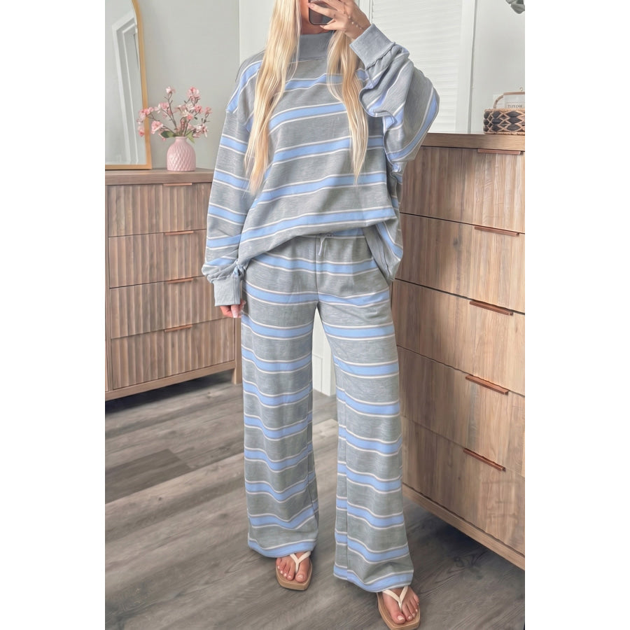 Pink Stripe Mock Neck Long Sleeve Pullover Top and Loose Pants Set Sky Blue / S Two Piece Sets/Pant Sets