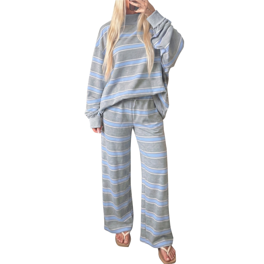 Pink Stripe Mock Neck Long Sleeve Pullover Top and Loose Pants Set Two Piece Sets/Pant Sets