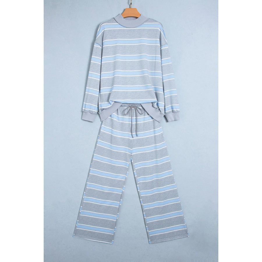 Pink Stripe Mock Neck Long Sleeve Pullover Top and Loose Pants Set Two Piece Sets/Pant Sets
