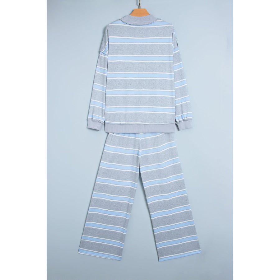 Pink Stripe Mock Neck Long Sleeve Pullover Top and Loose Pants Set Two Piece Sets/Pant Sets