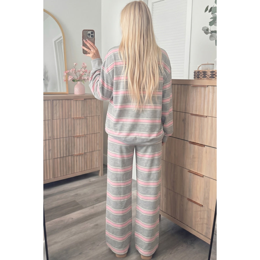 Pink Stripe Mock Neck Long Sleeve Pullover Top and Loose Pants Set Two Piece Sets/Pant Sets