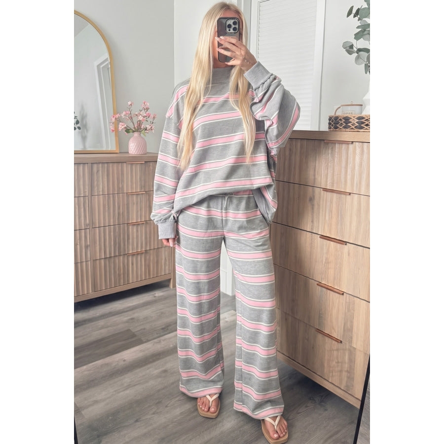 Pink Stripe Mock Neck Long Sleeve Pullover Top and Loose Pants Set Two Piece Sets/Pant Sets
