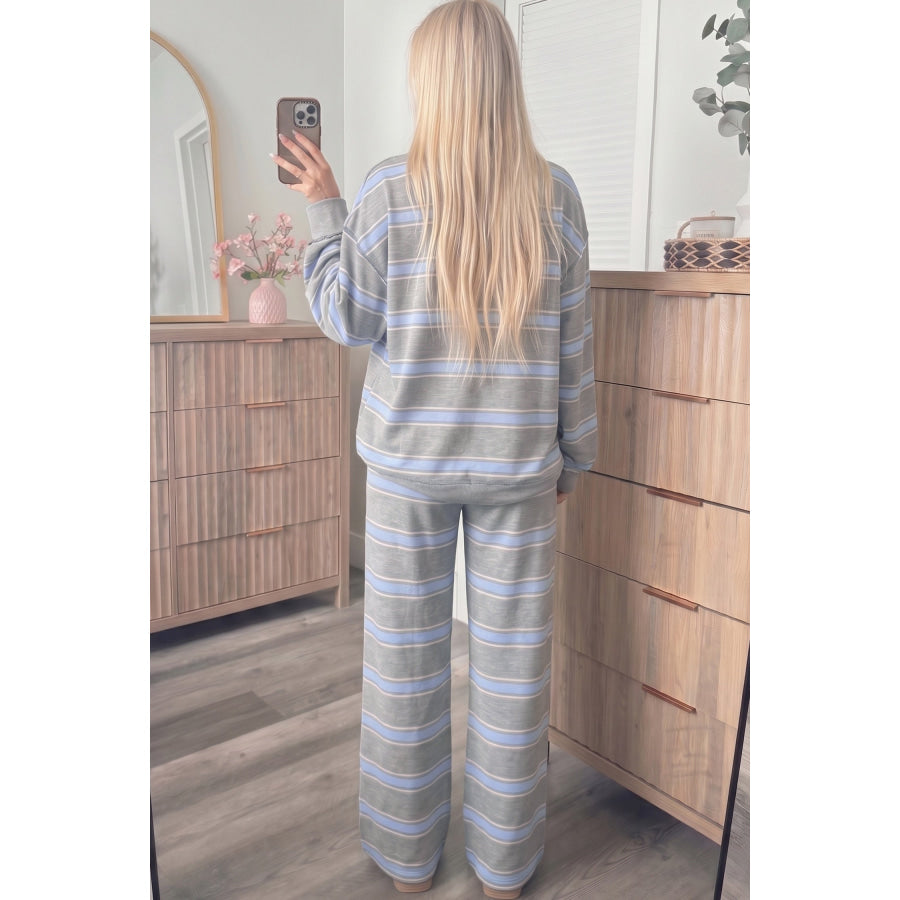Pink Stripe Mock Neck Long Sleeve Pullover Top and Loose Pants Set Two Piece Sets/Pant Sets