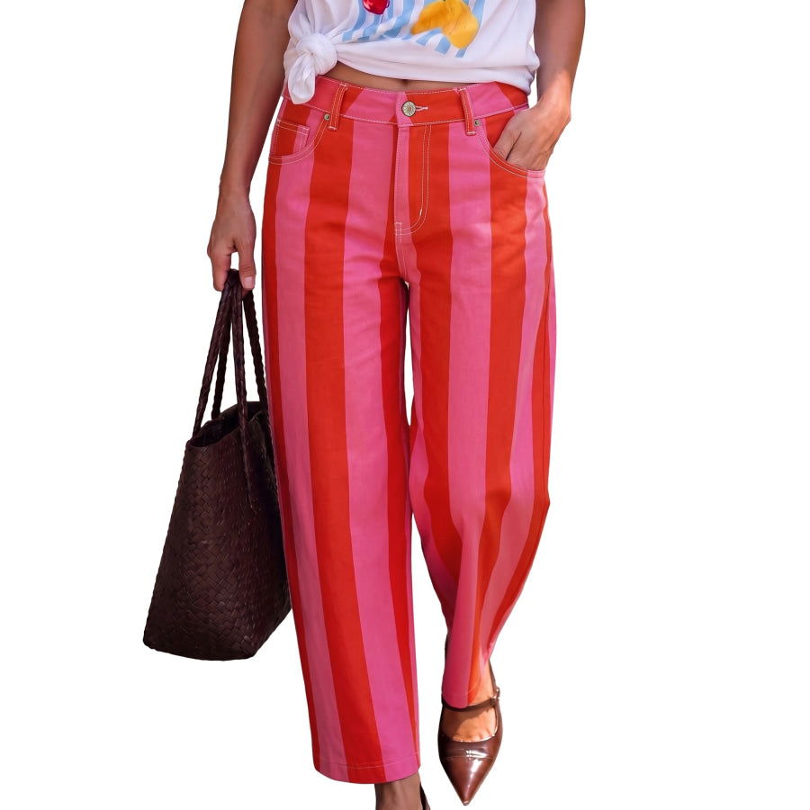 Pink Stripe Nature Waist Casual Shift Jeans Bottoms/Jeans