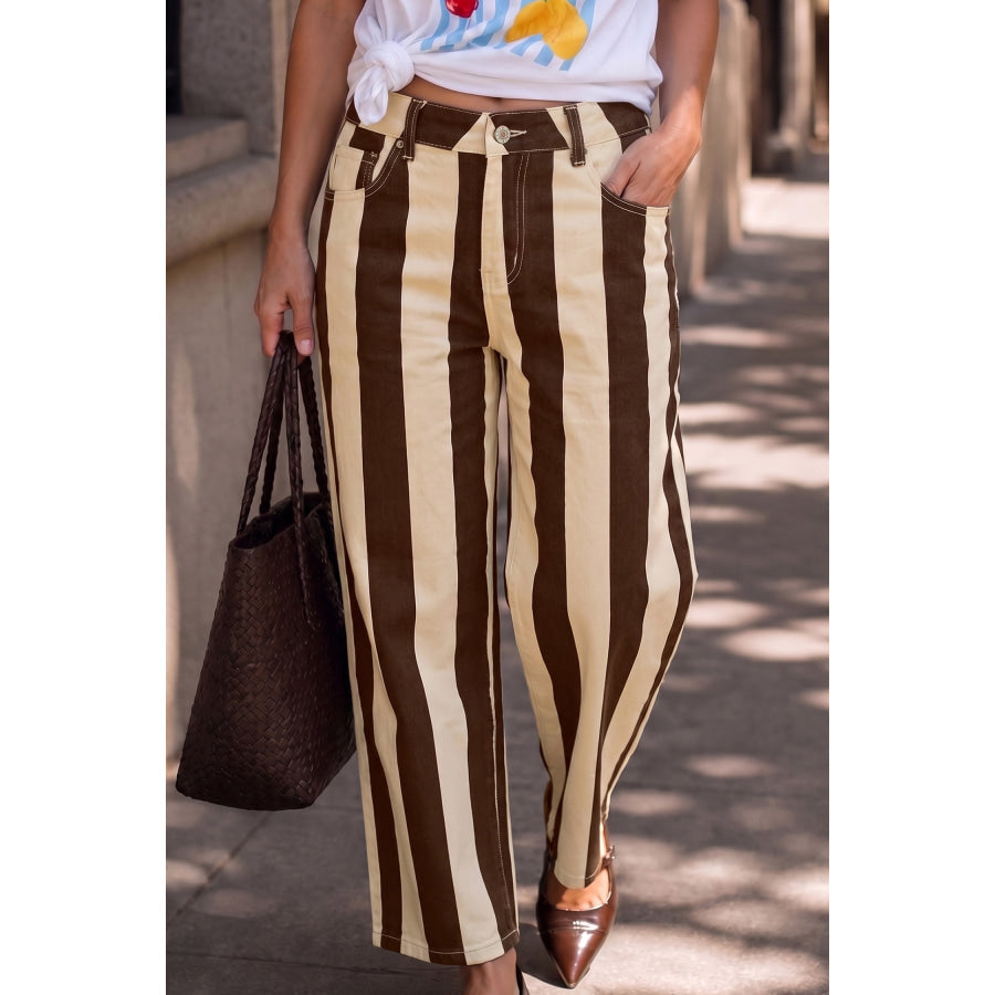 Pink Stripe Nature Waist Casual Shift Jeans Brown / 4 Bottoms/Jeans