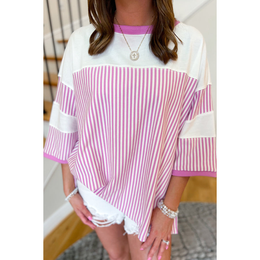 Pink Stripe Patchwork Bracelet Sleeve Plus Size T Shirt Pink Stripe / 1X / 95% Cotton + 5% Elastane Plus Size/Plus Size Tops/Plus Size Tops