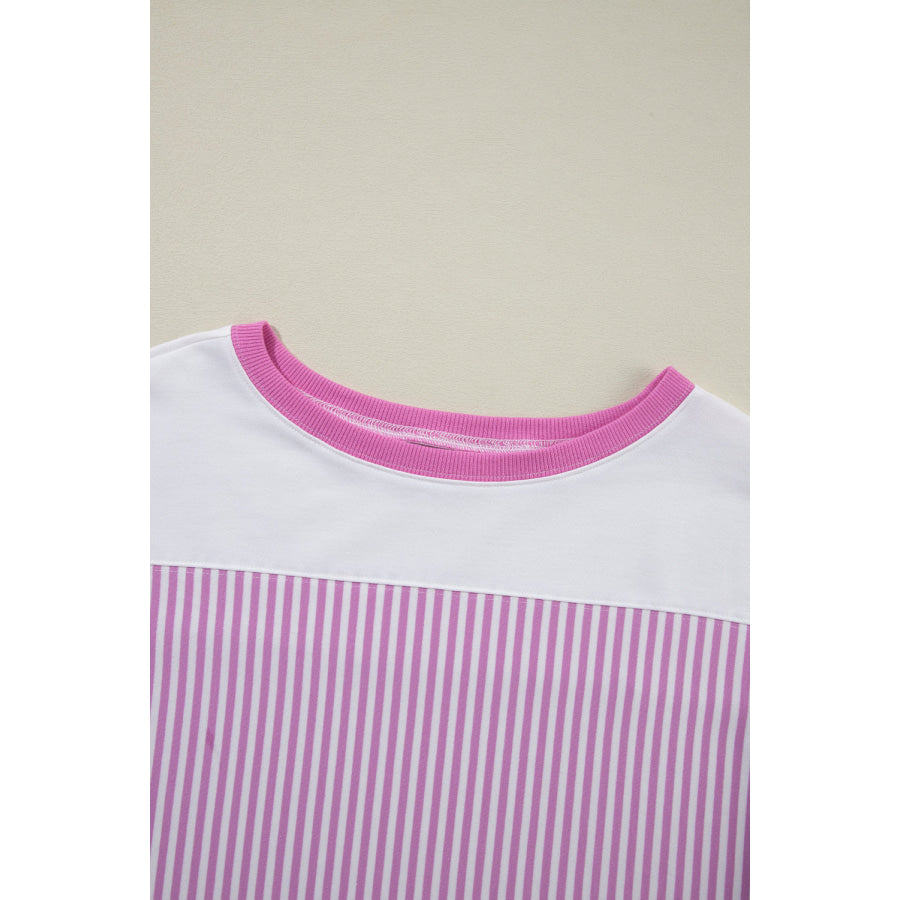 Pink Stripe Patchwork Bracelet Sleeve Plus Size T Shirt Plus Size/Plus Size Tops/Plus Size Tops & Tees
