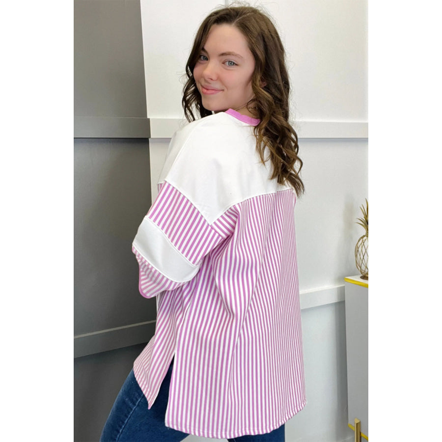 Pink Stripe Patchwork Bracelet Sleeve Plus Size T Shirt Plus Size/Plus Size Tops/Plus Size Tops & Tees