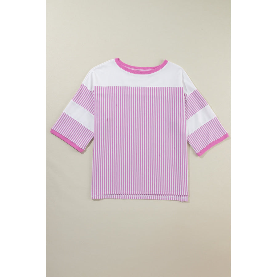 Pink Stripe Patchwork Bracelet Sleeve Plus Size T Shirt Plus Size/Plus Size Tops/Plus Size Tops & Tees