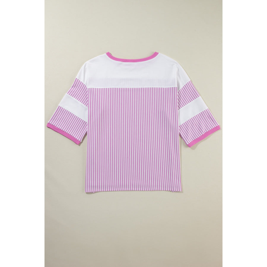 Pink Stripe Patchwork Bracelet Sleeve Plus Size T Shirt Plus Size/Plus Size Tops/Plus Size Tops & Tees