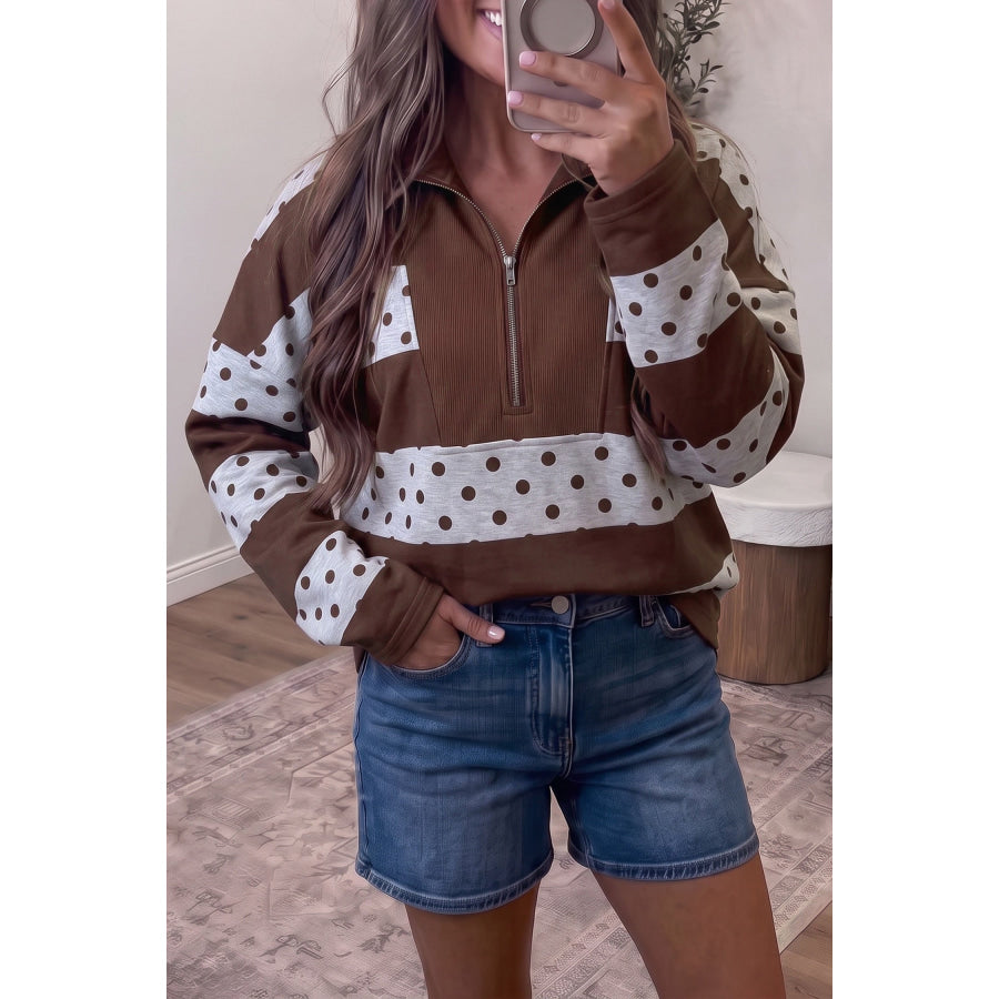Pink Stripe Patchwork Polka Dot Accent Quarter Zip Long Sleeve Top Brown Stripe / S Tops/Long Sleeve Tops