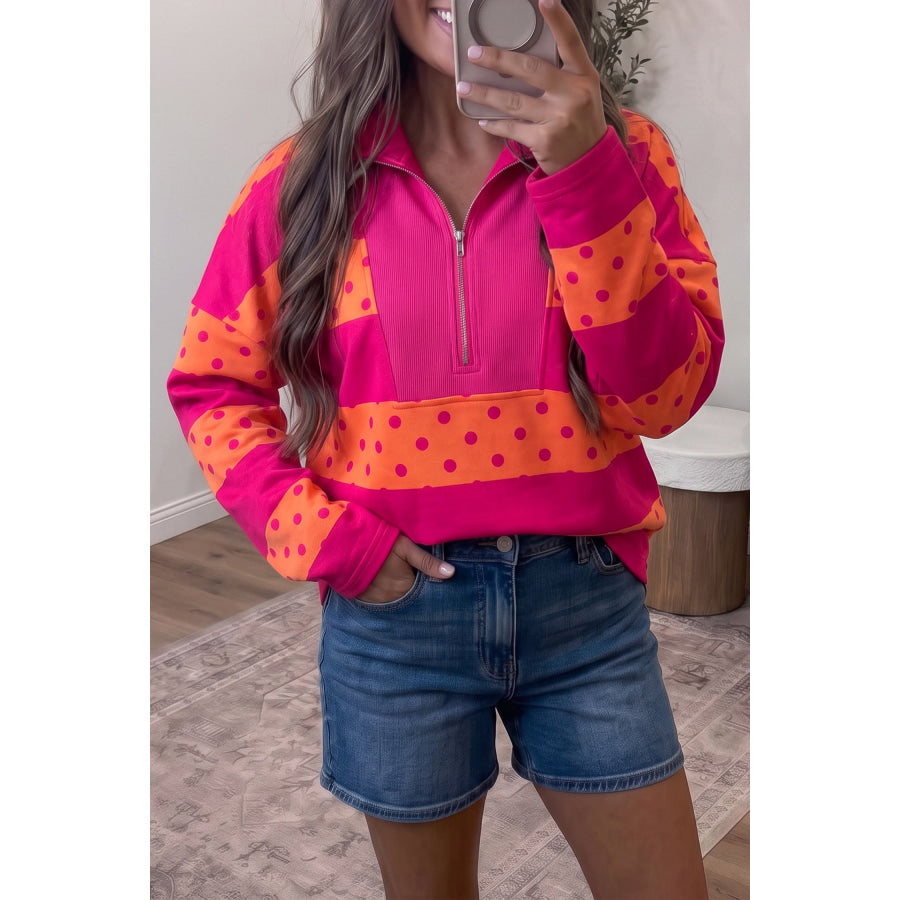 Pink Stripe Patchwork Polka Dot Accent Quarter Zip Long Sleeve Top Pink Stripe / S Tops/Long Sleeve Tops