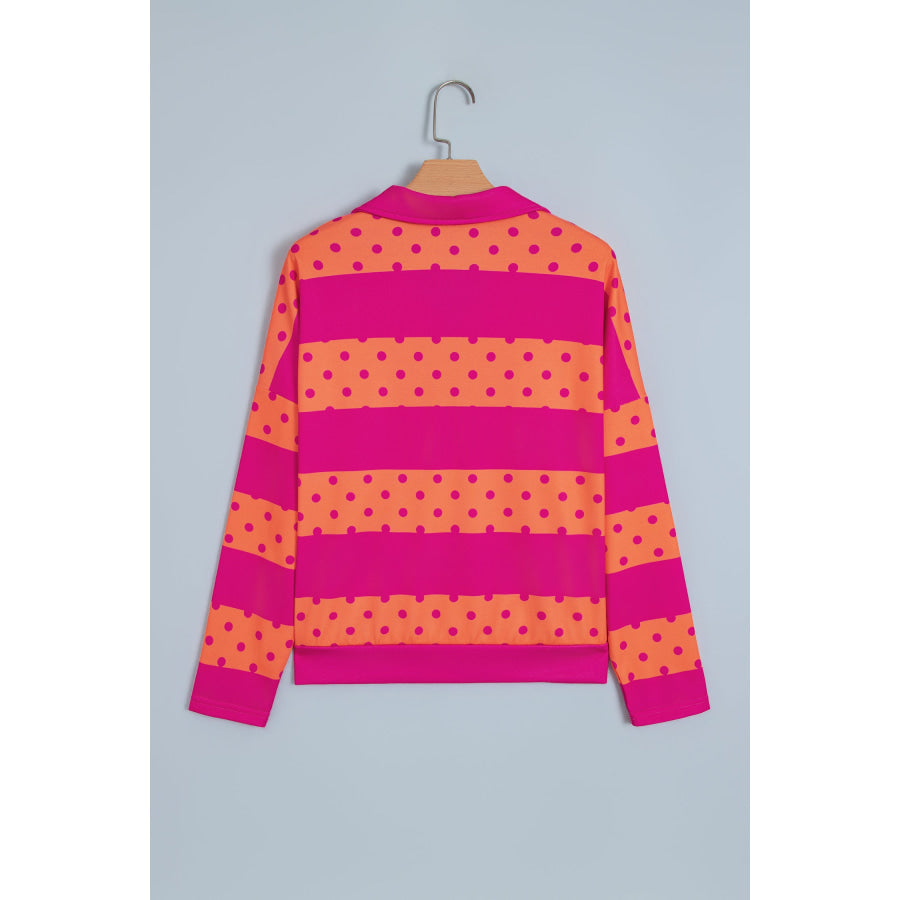 Pink Stripe Patchwork Polka Dot Accent Quarter Zip Long Sleeve Top Tops/Long Tops