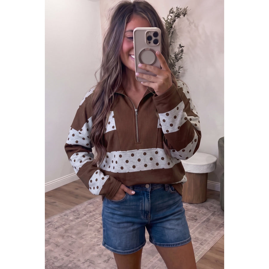 Pink Stripe Patchwork Polka Dot Accent Quarter Zip Long Sleeve Top Tops/Long Sleeve Tops